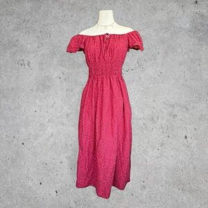 Red Smocked Flutter Sleeve Cotton Maxi A-Line Dress w/ Elastic Waistband- XS/S